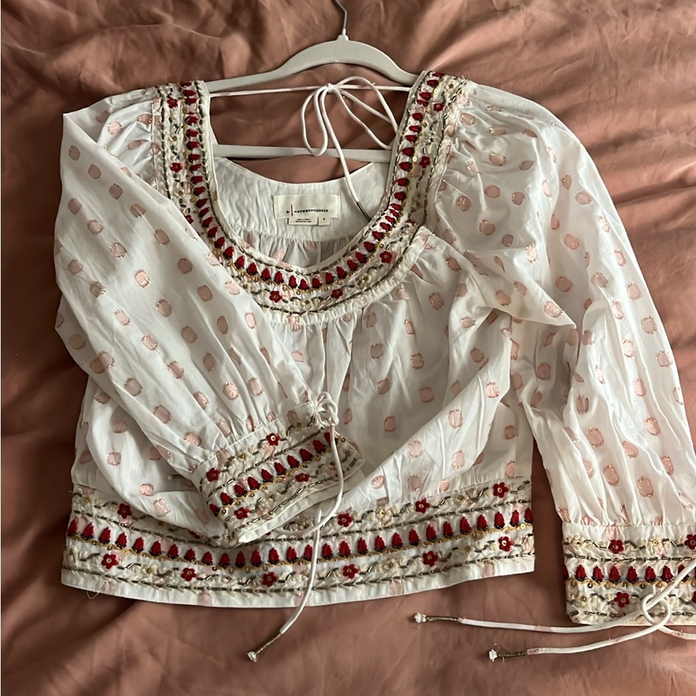 Anthropologie White and Red Embroidered Blouse